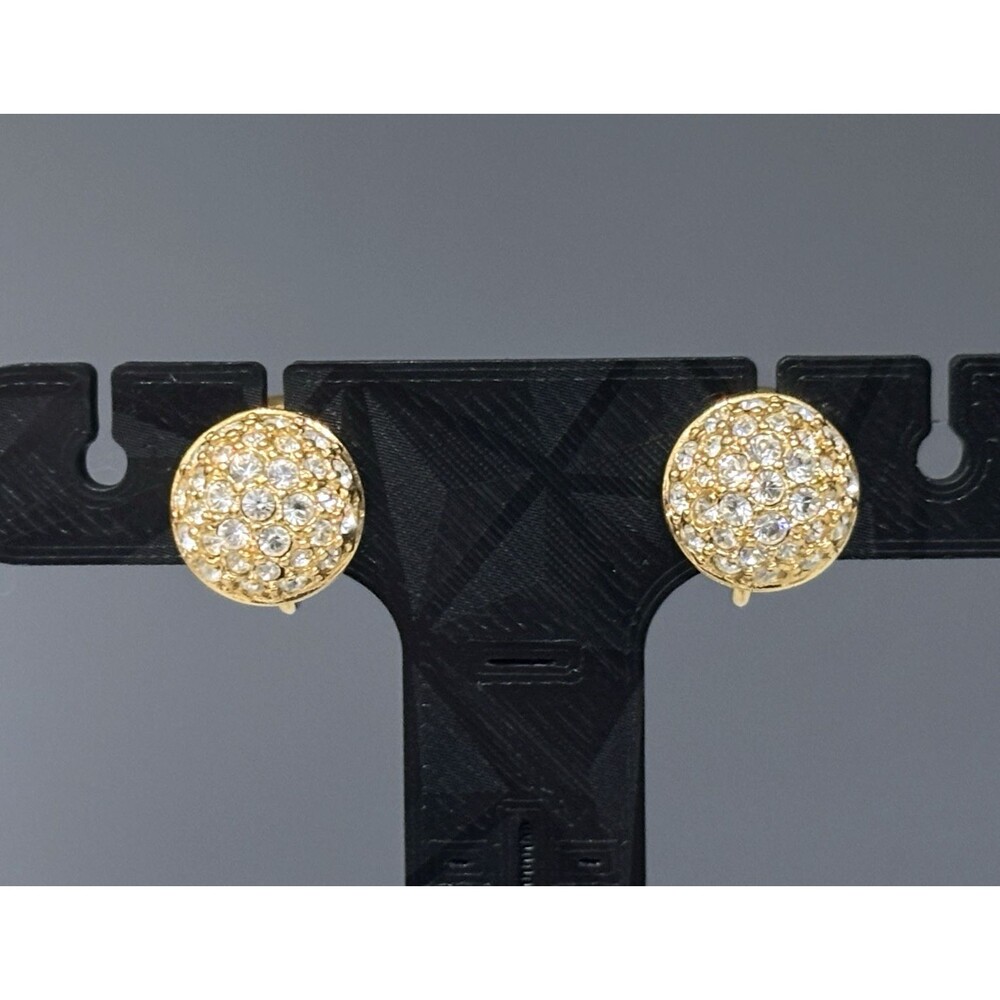 Vintage Swarovski Clip On Earrings Gold Tone Crystal Pave Dome Signed Swan